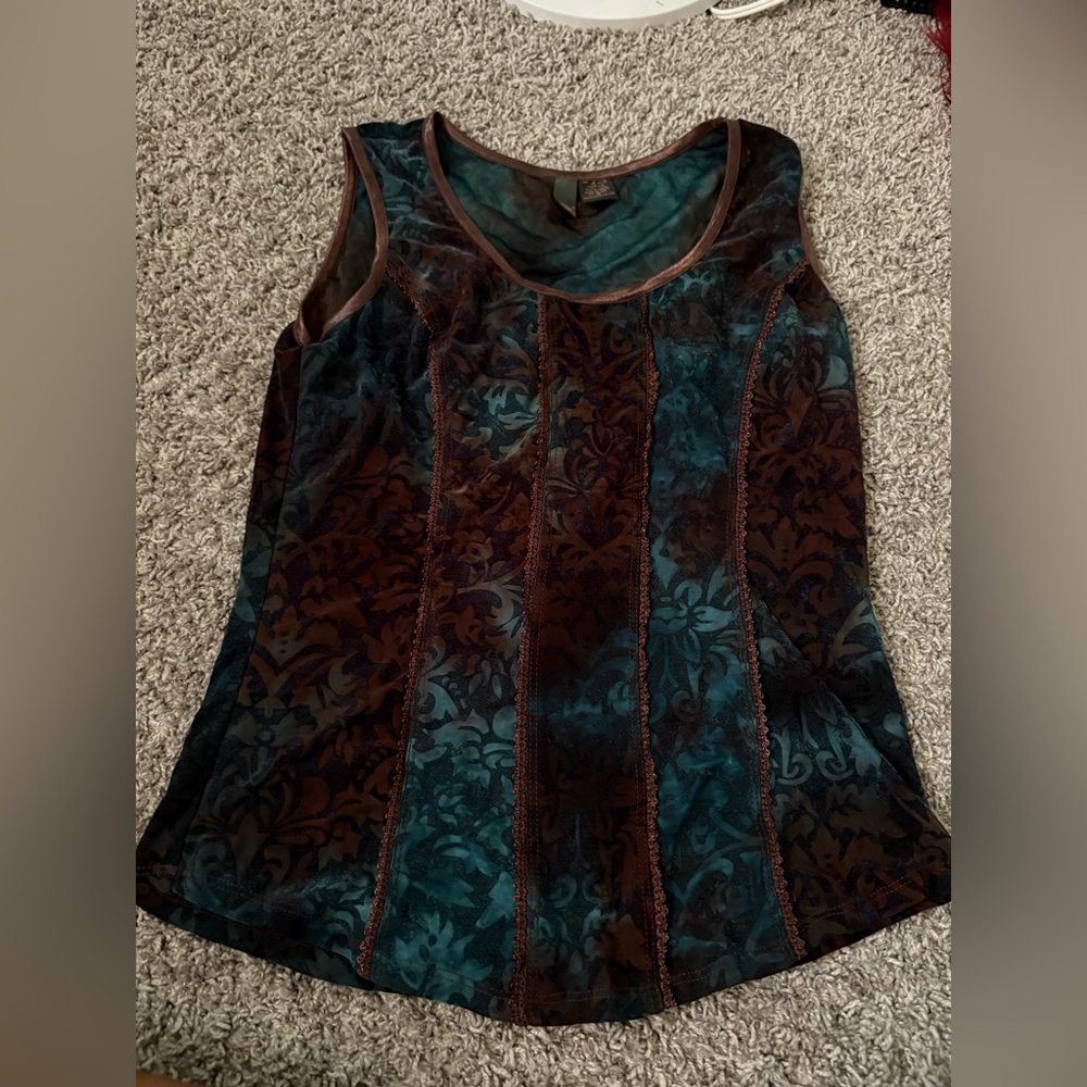 Elegant Teal and Brown Sleeveless Top